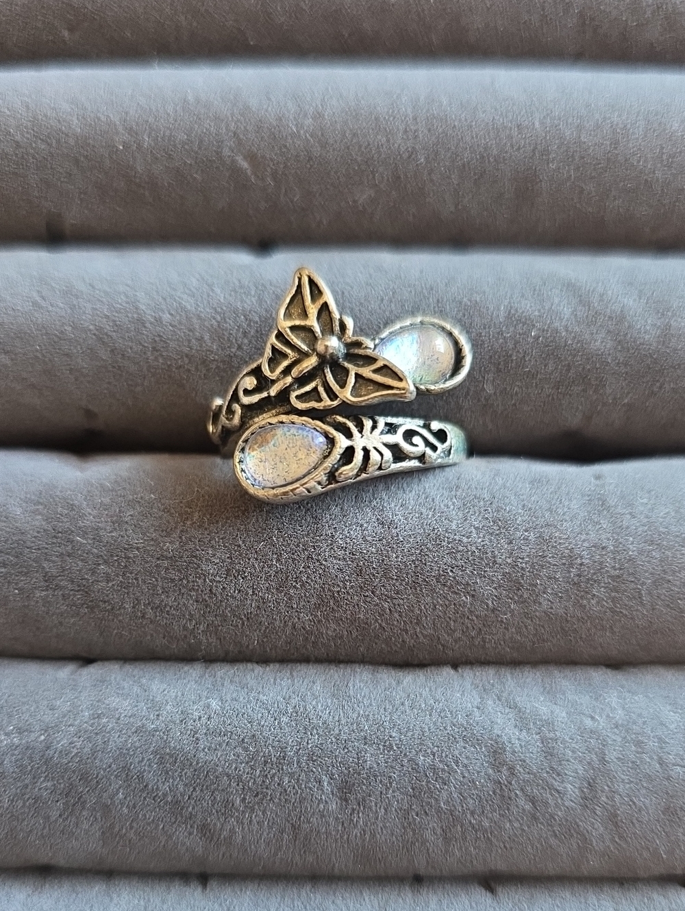 Sterling-Style Butterfly Open Ring with Iridescent Moonstone Accent - Silver